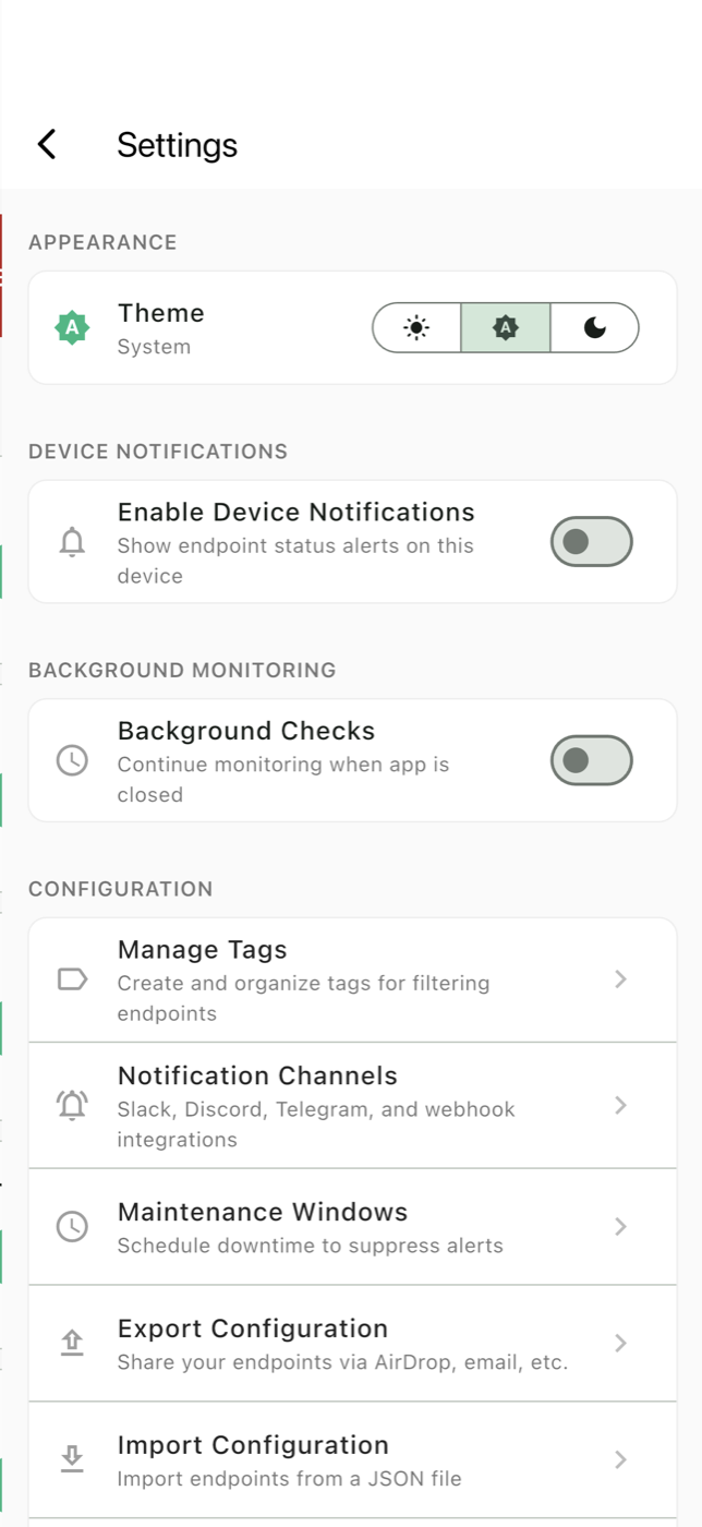 OpsFinch settings screen with theme, device notifications, background monitoring, and configuration options